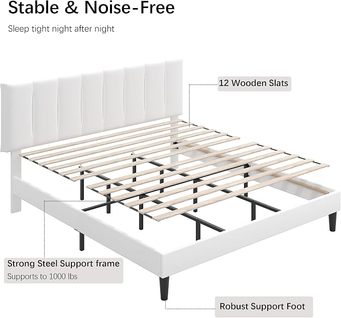 VECELO King Size Bed Frame with Upholstered Headboard, Heavy-Duty Bedframe with Strong Wooden Slats Support, No Boxing Spring Needed, Pure White