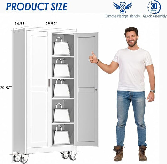 GAIOUS Metal Garage Storage Cabinet with Lock, Steel Tool Cabinet with 2 Door and 4 Adjustable Shelves, 71” Tall Lockable File Cabinet with Wheels, Rolling Cabinet for Home Office Garage Gym - White