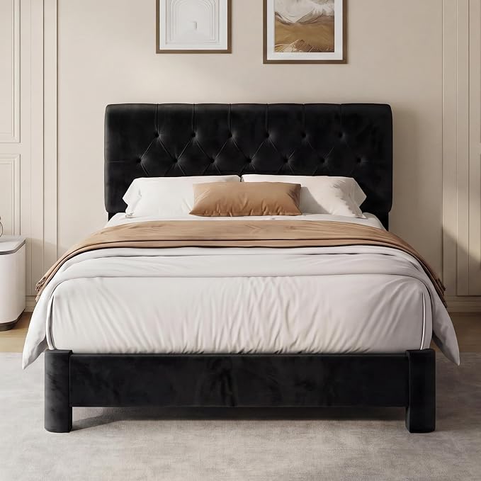 Twin Size Bed Frame with Headboard, Luxury Velvet Fabric Upholstered Bed frame with Button Tufted Design, Strong Wooden Slats Support - Low & Sturdy, Noise-Free, No Box Spring, Easy Assembly, Black | Plush velvet