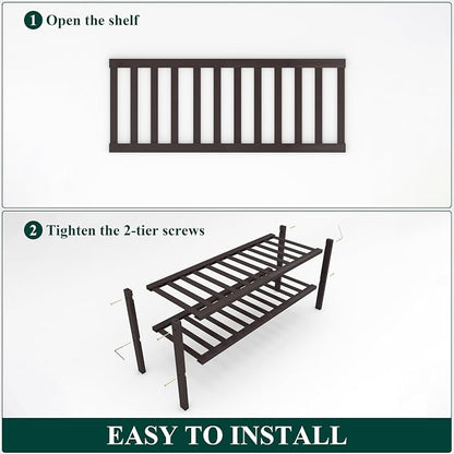 Smiry Bamboo Shoe Rack, 2 Tier Free Standing Wooden Shoe Organizer, Stackable Wood Shoe Storage Shelf for Closet, Entryway, 12 Vertical Slats, One-piece Standard Legs, 26.8"x11"x13", Brown