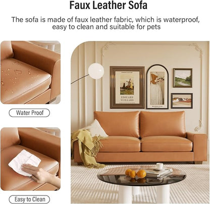Valthie Faux Leather Couch, Mid Century Modern Comfy Loveseat Sofa with Wide Arm, Side Pockets, Solid Wooden Frame for Office, Living Room and Bedroom, 2 Seater (Brown, 71.25 Inches)