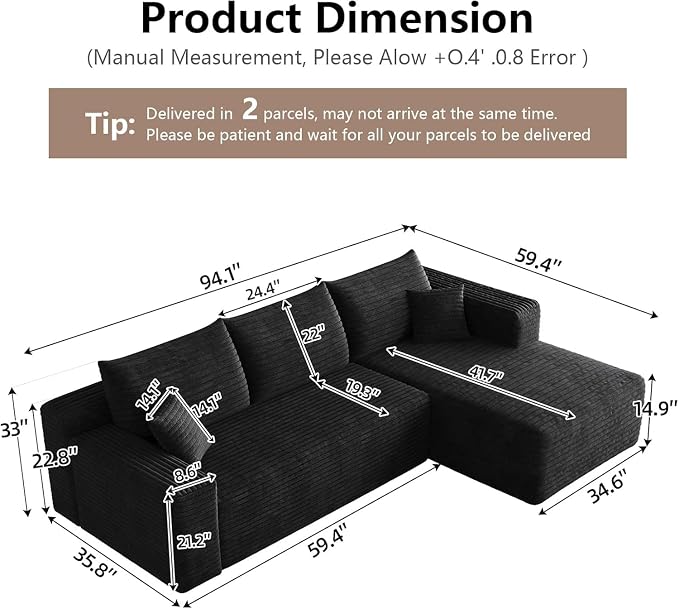 95" Cloud Sectional Couch with L-Shape Chaise, Modern Cloud Couch with Deep Seat, Modular Sectional Couches for Living Room, Apartment, Office, No Assembly Required