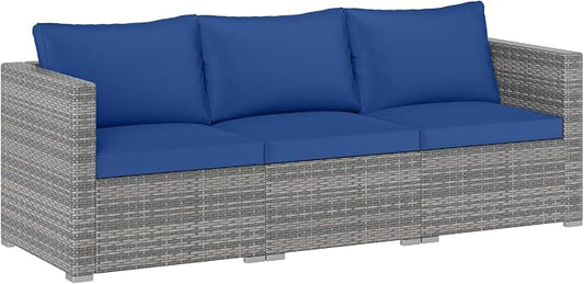 Tangkula 3 Seat Outdoor Wicker Sofa Set, Modular PE Rattan Patio Cushioned Sectional Couch Set, Outside Furniture Set for Deck, Backyard, Porch, Garden & Poolside (Navy)