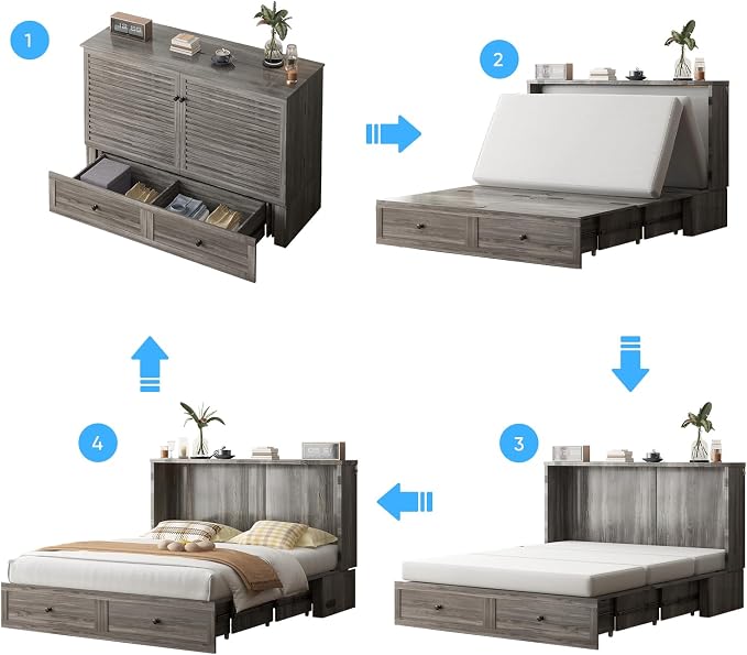 Mjkone 63" W Queen Size Murphy Bed Cabinet with Mattress Include, Modern Guest Cabinet Beds with USB Charging Station, Chest Cabinets Bed with Storage Drawer for Bedroom Home Office, Grey