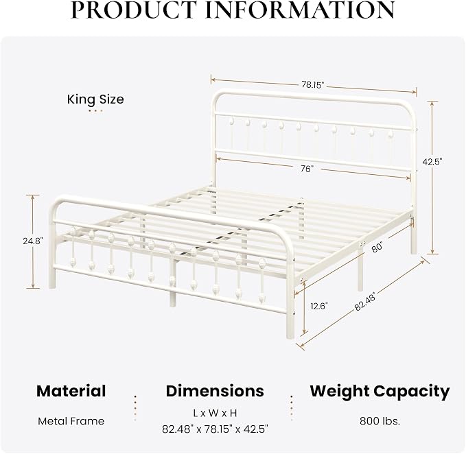 SHA CERLIN King Size Metal Platform Bed Frame with Victorian Style Iron-Art Headboard and Footboard, Easy Assembly, Under Bed Storage, No Box Spring Required, Off White