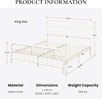 SHA CERLIN King Size Metal Platform Bed Frame with Victorian Style Iron-Art Headboard and Footboard, Easy Assembly, Under Bed Storage, No Box Spring Required, Off White