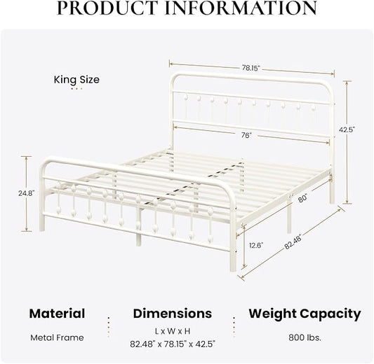 SHA CERLIN King Size Metal Platform Bed Frame with Victorian Style Iron-Art Headboard and Footboard, Easy Assembly, Under Bed Storage, No Box Spring Required, Off White