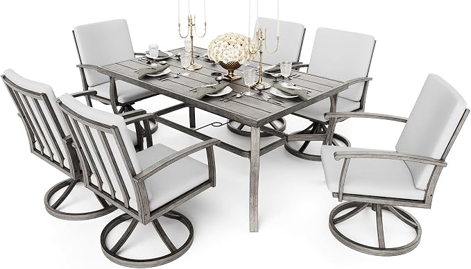 HAPPATIO 7 Piece Patio Swivel Dining Set, Aluminum Outdoor Dining Set for 6,Dining Table and Chairs Set, Patio Dining Furniture with Aluminum Table, Swivel Chairs and Washable Cushions (Gray)