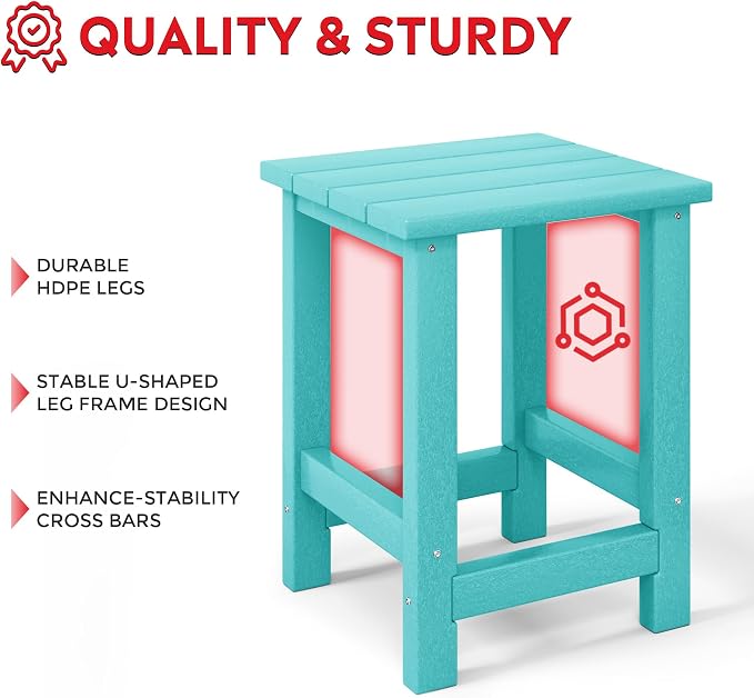 Costaelm Paradise Kids 3-Piece Outdoor HDPE Plastic Square Side Table and Rocking Chairs Set, Turquoise