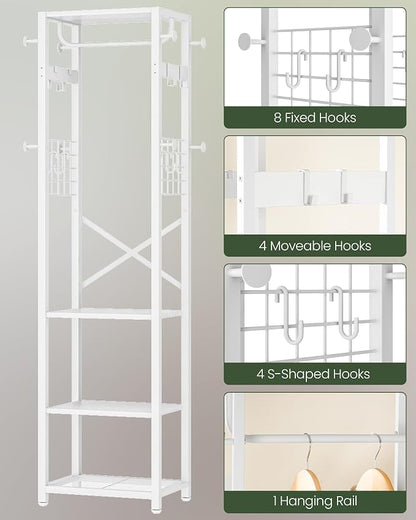 CHOEZON Coat Rack with Shelves, Freestanding Hall Tree, Coat Tree with 16 Hooks and Hanging Rail, Industrial Clothes Stand for Entryway, Hallway, Bedroom, White TYM18WB