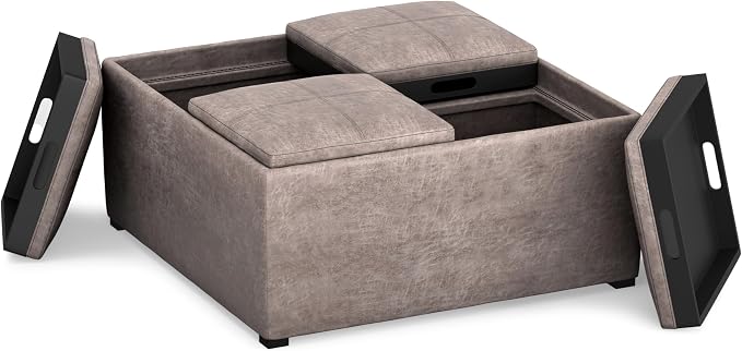 SIMPLIHOME Avalon Wide Contemporary Square Coffee Table Storage Ottoman, Distressed Grey Taupe, Table Ottoman