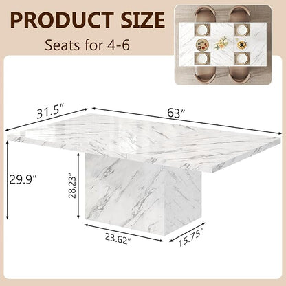 HSH White Faux Marble Dining Table, 63 inch Modern Dinner Table for 6 people, Farmhouse Rectangle Kitchen Table for Living Room, Large Wood Dining Room Tables with strong Pedestal, White Marble, 63 In