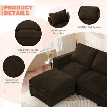 110” Chenille 4-Seats Sofa W/Two Movable Ottomans, Brown | Modern Fabric U-Shaped Couch w/Soft Backrests, Upholstered Sectional Sofa w/Arm Pillows for Living Room, Office