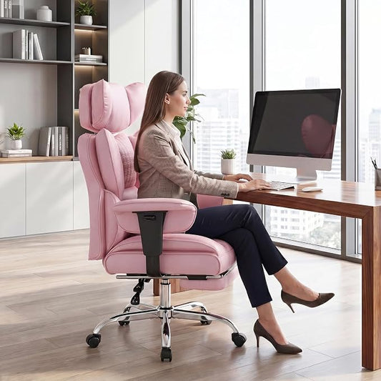 DUMOS Big and Tall Home Office Desk Chair, Ergonomic Executive Chair with Footrest, Computer Gaming Chairs with High Back Reclining, Adjustable Armrests and Comfy Lumbar Support, PU Leather, Pink