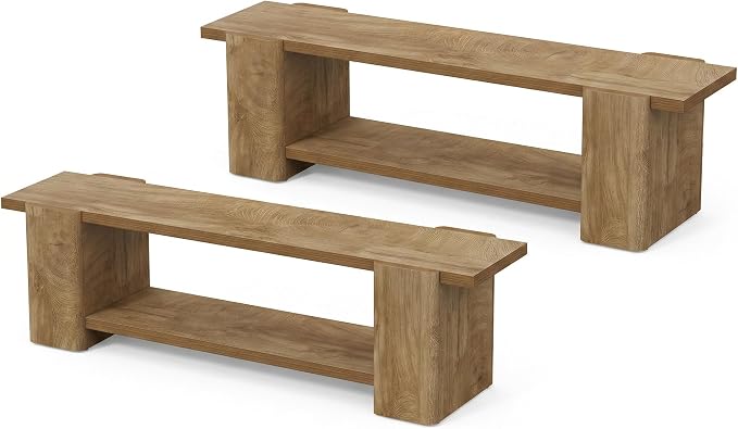 LITTLE TREE Wood Entryway Bench, 63" End of Bed Bench with Storage Shelf, Farmhouse Extra Long Shoe Bench for Entryway, Dining Room, Hallway, Living Room, Bedroom, Natural Oak, 2PCS