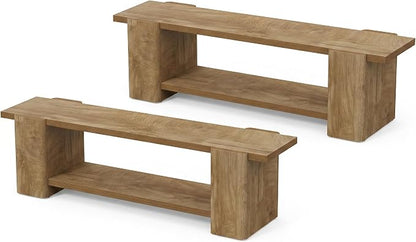 LITTLE TREE Wood Entryway Bench, 63" End of Bed Bench with Storage Shelf, Farmhouse Extra Long Shoe Bench for Entryway, Dining Room, Hallway, Living Room, Bedroom, Natural Oak, 2PCS