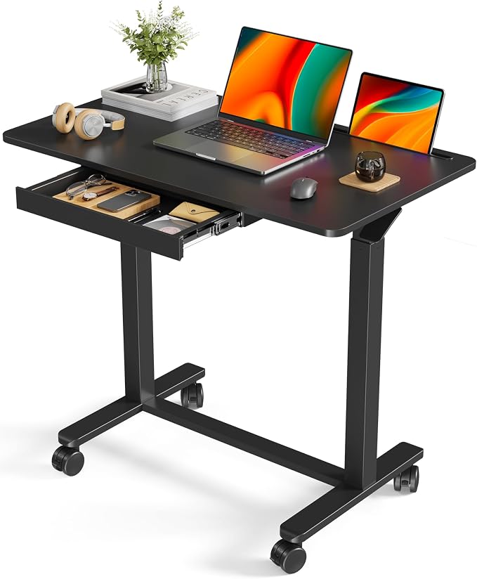 Mobile Standing Desk, 35inch Small Rolling Table with Drawer, Height Adjustable Sit Stand Workstation, Black Portable Laptop Cart with Hidden Wheels or Lockable Casters