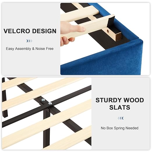 VECELO Upholstered Platform Full Bed Frame with Fabric Headboard,Wooden Slats Support/No Box Spring Needed/Mattress Foundation,Dark Blue
