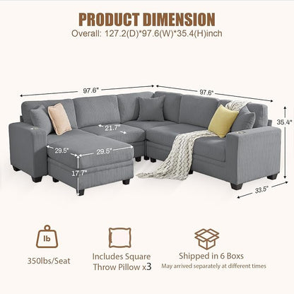 97" Modular Sectional Sofa with Storage, Corduroy 6-Seater V-Shaped Sofa with Ottoman Chaise, Convertible L-Shaped U-Shaped Cloud Sectional Couches for Living Room, Apartment
