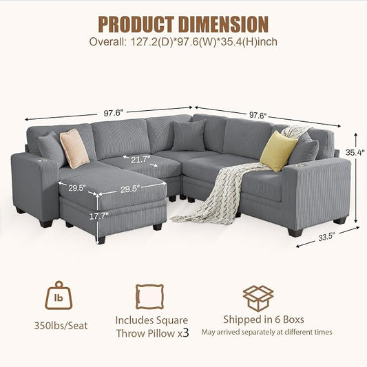 97" Modular Sectional Sofa with Storage, Corduroy 6-Seater V-Shaped Sofa with Ottoman Chaise, Convertible L-Shaped U-Shaped Cloud Sectional Couches for Living Room, Apartment
