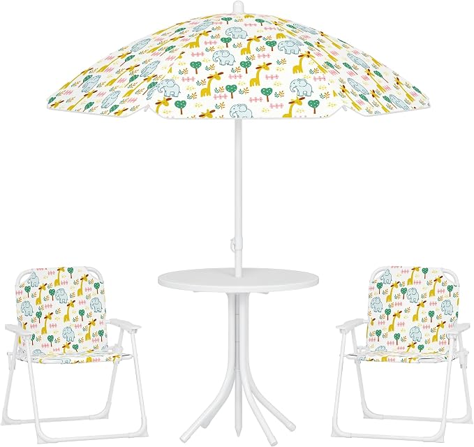 Qaba Kids Picnic Table and Chair Set, Outdoor Activity Table with Foldable Chairs, Removable Umbrella, Elephant and Giraffe Pattern Toddler Patio Furniture for Backyard, Garden, White