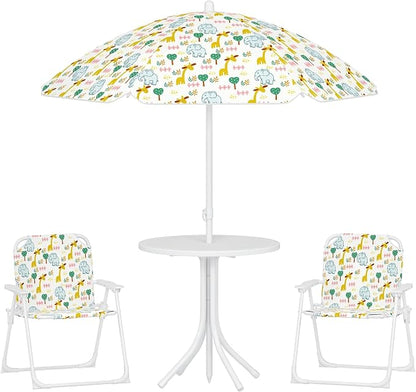 Qaba Kids Picnic Table and Chair Set, Outdoor Activity Table with Foldable Chairs, Removable Umbrella, Elephant and Giraffe Pattern Toddler Patio Furniture for Backyard, Garden, White