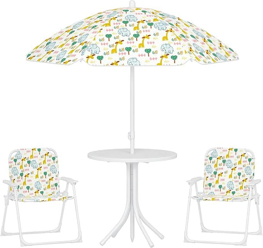 Qaba Kids Picnic Table and Chair Set, Outdoor Activity Table with Foldable Chairs, Removable Umbrella, Elephant and Giraffe Pattern Toddler Patio Furniture for Backyard, Garden, White