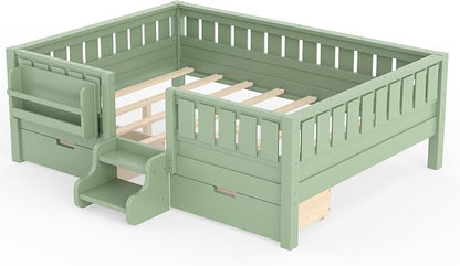 Bellemave Full Size Bed Frame with Storage Drawers & Bookshelf, Low Profile Kids Bed with Staircase & Full Length Guardrails, Solid Wood Full Size Bed Frame Kids with Slats Load 550 LBS, Green