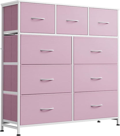 WLIVE 9 Drawer Dresser, Fabric Storage Tower for Bedroom, Hallway, Closet, Tall Chest Organizer Unit for Bedroom with Fabric Bins, Steel Frame, Wood Top, Easy Pull Handle, A-Pink