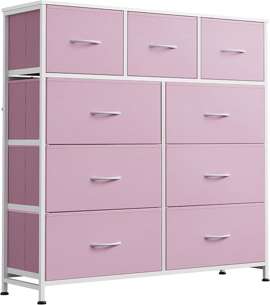 WLIVE 9 Drawer Dresser, Fabric Storage Tower for Bedroom, Hallway, Closet, Tall Chest Organizer Unit for Bedroom with Fabric Bins, Steel Frame, Wood Top, Easy Pull Handle, A-Pink