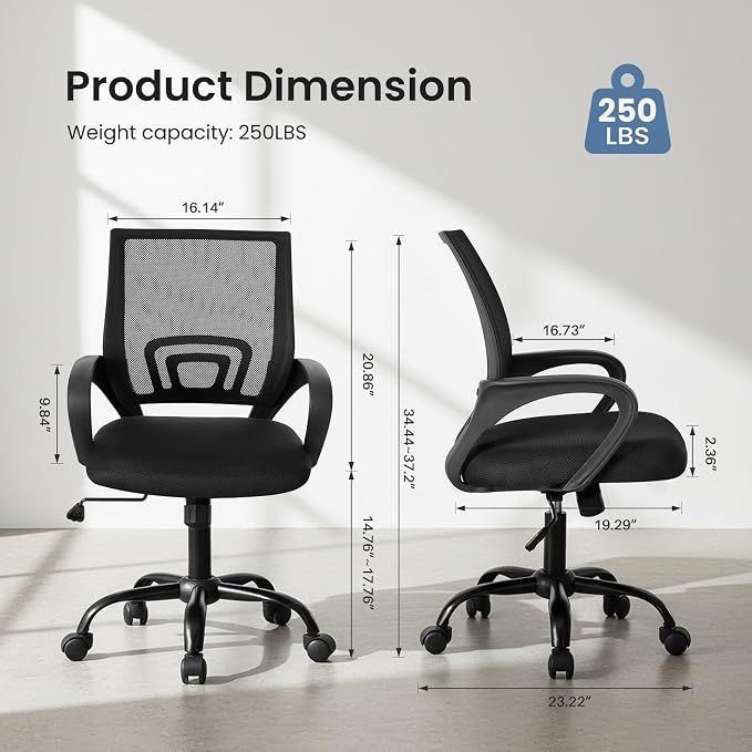 OLIXIS Office Desk Chair - Ergonomic Mid Back with Lumbar Support & Rocking Mode, Height Adjustable with Fixed Armrest, Storage Back for Computer, Gaming, Conference, Meeting, 360° Swivel, Black