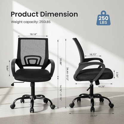 OLIXIS Office Desk Chair - Ergonomic Mid Back with Lumbar Support & Rocking Mode, Height Adjustable with Fixed Armrest, Storage Back for Computer, Gaming, Conference, Meeting, 360° Swivel, Black
