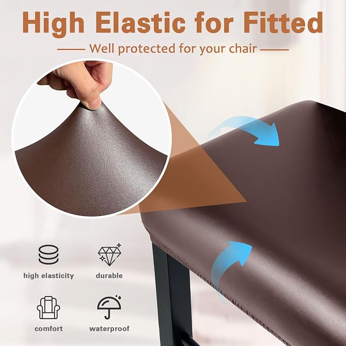 PU Leather Bar Stool Covers Rectangular, 100% Waterproof Stool Covers Rectangle Super Stretch 20% Thicker Leather Saddle Stools Cover Rectangular Counter Bar Stools with Elastic Band (6 PCS, Coffee)