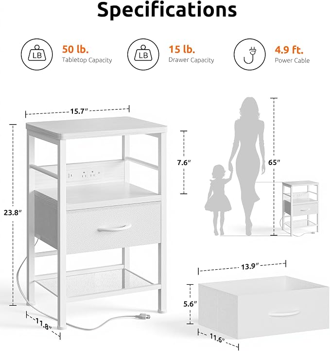 Lazzanto Nightstands Set of 2 with Charger Station, White Night Stand | Open Shelf | Hooks | USB-C USB-A Ports AC Outlets | Fabric Drawer | Bedroom | Living Room | Dorm