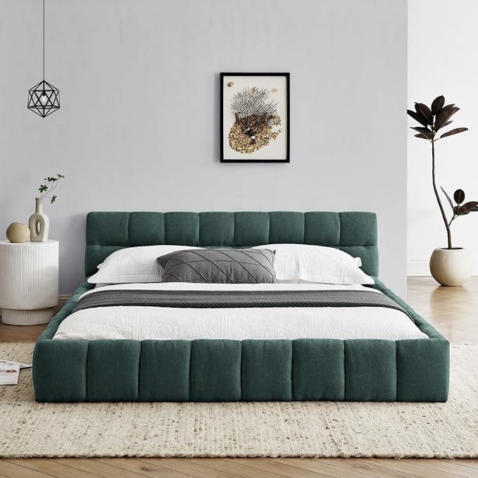 KEIKI Queen Thick Chenille Platform Bed Frame with Upholstered Tufted Headboard, Modern Solid Wood Floor Platform for Bedroom, No Box Spring Needed