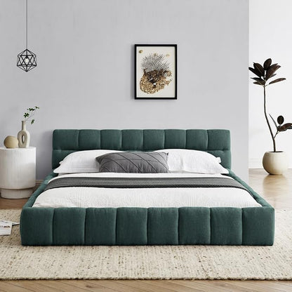 KEIKI Queen Thick Chenille Platform Bed Frame with Upholstered Tufted Headboard, Modern Solid Wood Floor Platform for Bedroom, No Box Spring Needed