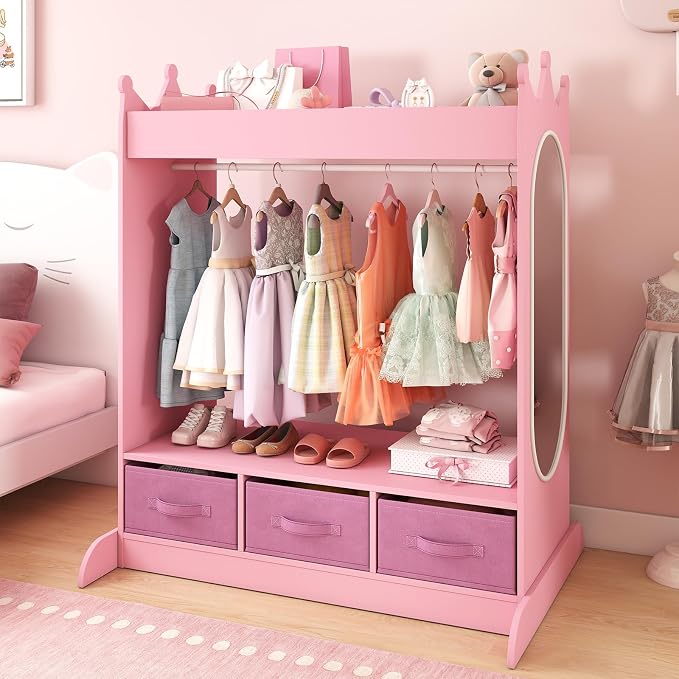 COSVALVE Kids Dress Up Storage with Mirror and Drawers, Kid Armoire Dresser, Pretend Storage Closet for Kids, Costume Wardrobe with Top Shelf for Playroom Bedroom, Lovely Pink