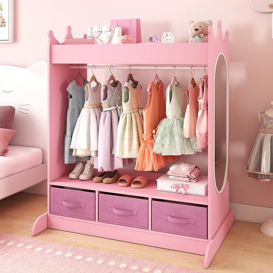 COSVALVE Kids Dress Up Storage with Mirror and Drawers, Kid Armoire Dresser, Pretend Storage Closet for Kids, Costume Wardrobe with Top Shelf for Playroom Bedroom, Lovely Pink