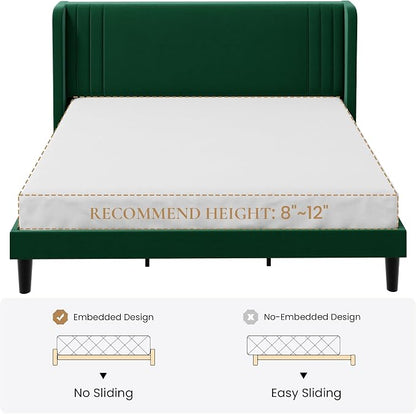 SHA CERLIN King Size Velvet Upholstered Platform Bed Frame with Vertical Channel Tufted Wingback Headboard, Wooden Slats Support, Easy Assembly, Under Bed Storage, No Box Spring Required, Green