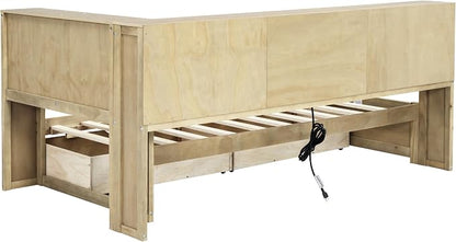 Bellemave Twin Corner Bed Frame with USB Ports, Wood Twin Size Daybed with L-Shaped Bookcase and 2 Drawers，Daybed with Storage Cabinets, Wood Color