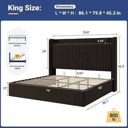 Allewie King Size Lift Up Storage Bed Frame,Storage Shelf Headboard with Charging Station,Type-C and USB Ports,Hydraulic Support,Velvet Upholstered Bed Frame,No Box Spring Needed,Black