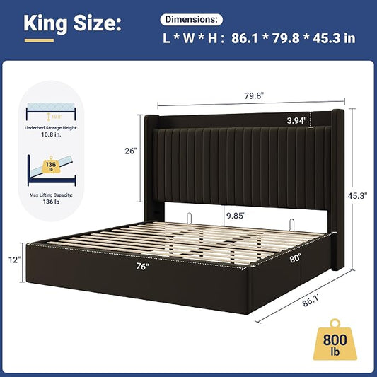 Allewie King Size Lift Up Storage Bed Frame,Storage Shelf Headboard with Charging Station,Type-C and USB Ports,Hydraulic Support,Velvet Upholstered Bed Frame,No Box Spring Needed,Black