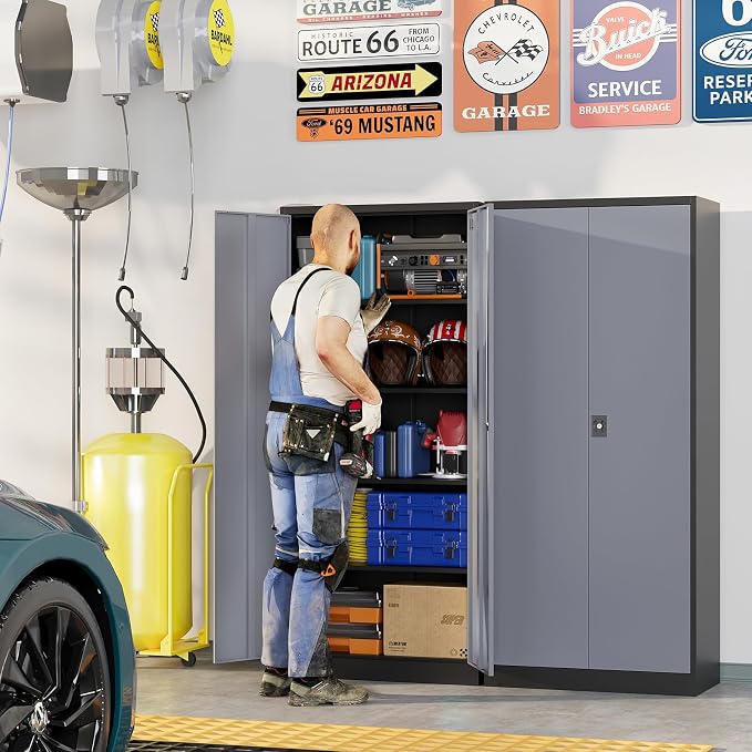 Metal Garage Storage Cabinets with Lock, 72" Tall Tool Cabinet with 2 Door and 4 Adjustable Shelves, Locking Garage Cabinets and Lockable Steel Locker for Home Office Warehouse-(Black Gray-72”H)