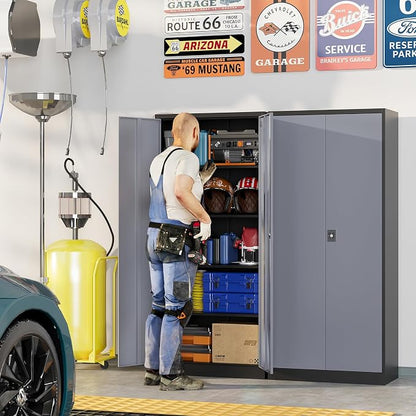 Metal Garage Storage Cabinets with Lock, 72" Tall Tool Cabinet with 2 Door and 4 Adjustable Shelves, Locking Garage Cabinets and Lockable Steel Locker for Home Office Warehouse-(Black Gray-72”H)