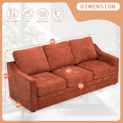 83” Chenille 3 Seats Sofa w/Comfortable Back Cushions, Orange | Modern Couch w/Deep Seat Space, Upholstered 6 Seater Sofa w/High Resiliency Foam for Living Room