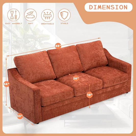 83” Chenille 3 Seats Sofa w/Comfortable Back Cushions, Orange | Modern Couch w/Deep Seat Space, Upholstered 6 Seater Sofa w/High Resiliency Foam for Living Room