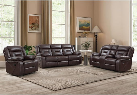 EBELLO Faux Leather Recliner Sofa Furniture Set for Living Room, Recliner Chair, Manual Loveseat, 3 Seat Recliniing Sofa Couch Set for Meeting Room, Dark Brown