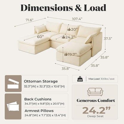 Cloud Modular Sectional Sofa, Oversized Deep Seat Comfort, Luxe Chenille | Fully Removable Washable Covers, Memory Foam Seat Cushions, Storage Ottoman, Premium Fabric
