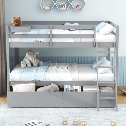 KOMFOTT Twin Over Twin Bunk Bed with 2 Roll-Out Drawers, Wood Bunk Bed Frame with Removable Storage Box, Bunk Bed with Ladder & Safety Guardrail for Dorm Apartment Home, No Box Spring Needed (Grey)