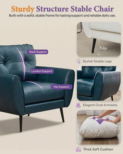 TYBOATLE Accent Chairs Set of 2, Comfy Modern Living Room Blue Faux Leather Reading Accent Chairs Tufted Mid Century Arm Chair Small Salon Chair for Office Bedroom (2, Blue)